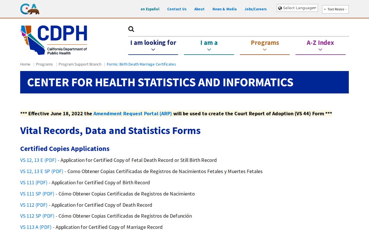 Lynwood public records CDPH certificate forms page